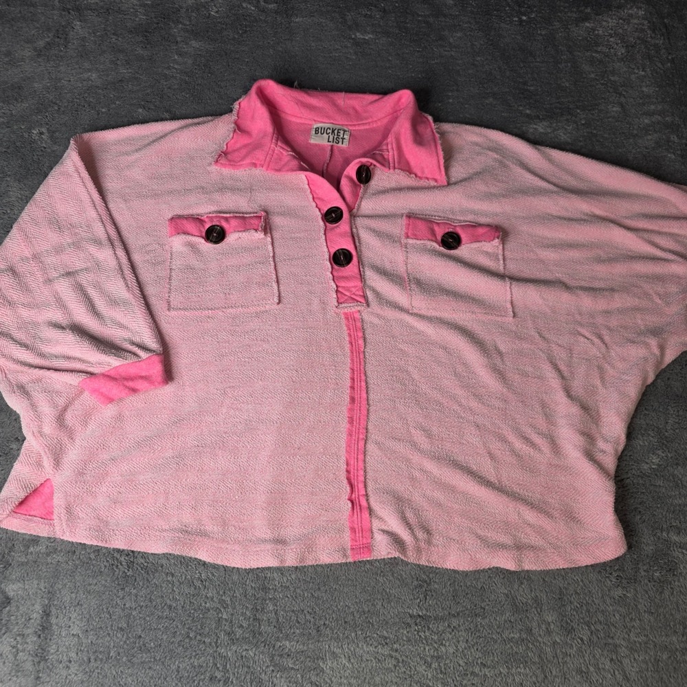 Bucket List Womens One Size Pullover Top Pink Oversized Henley Raw Edge Knit